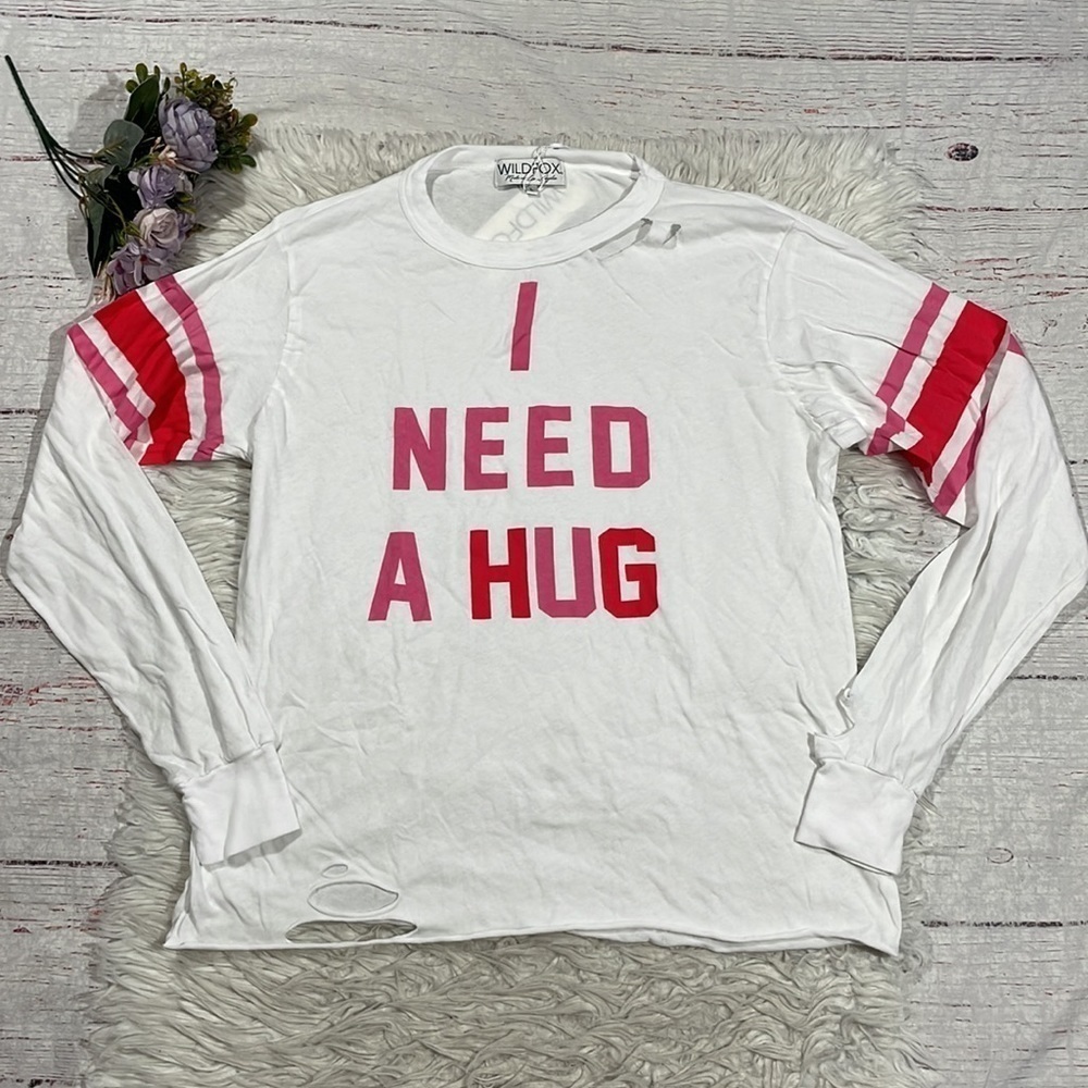 Wildfox White Long Sleeve "I Need A Hug" Tee with Pink Lettering - Picture 2 of 10